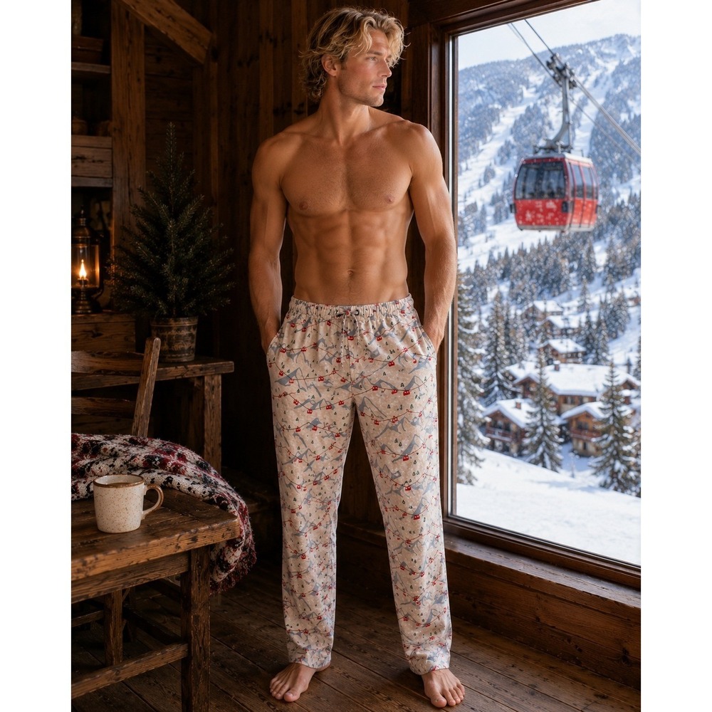 Hanna Andersson Pajama Pants Mens Large Cream Mountain Ski Gondola Print Flannel